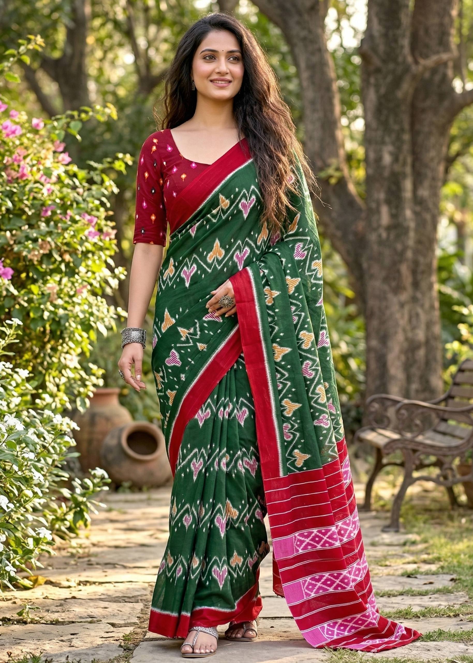 IKKAT PRINT MULMUL COTTON GREEN SAREE WITH BLOUSE