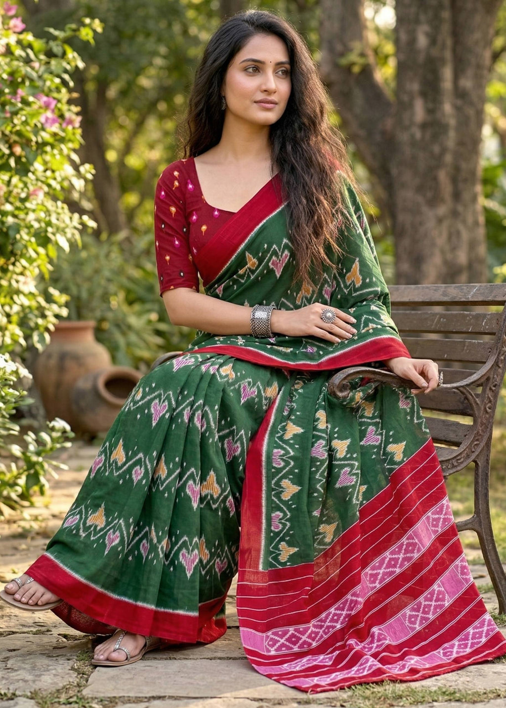 IKKAT PRINT MULMUL COTTON GREEN SAREE WITH BLOUSE