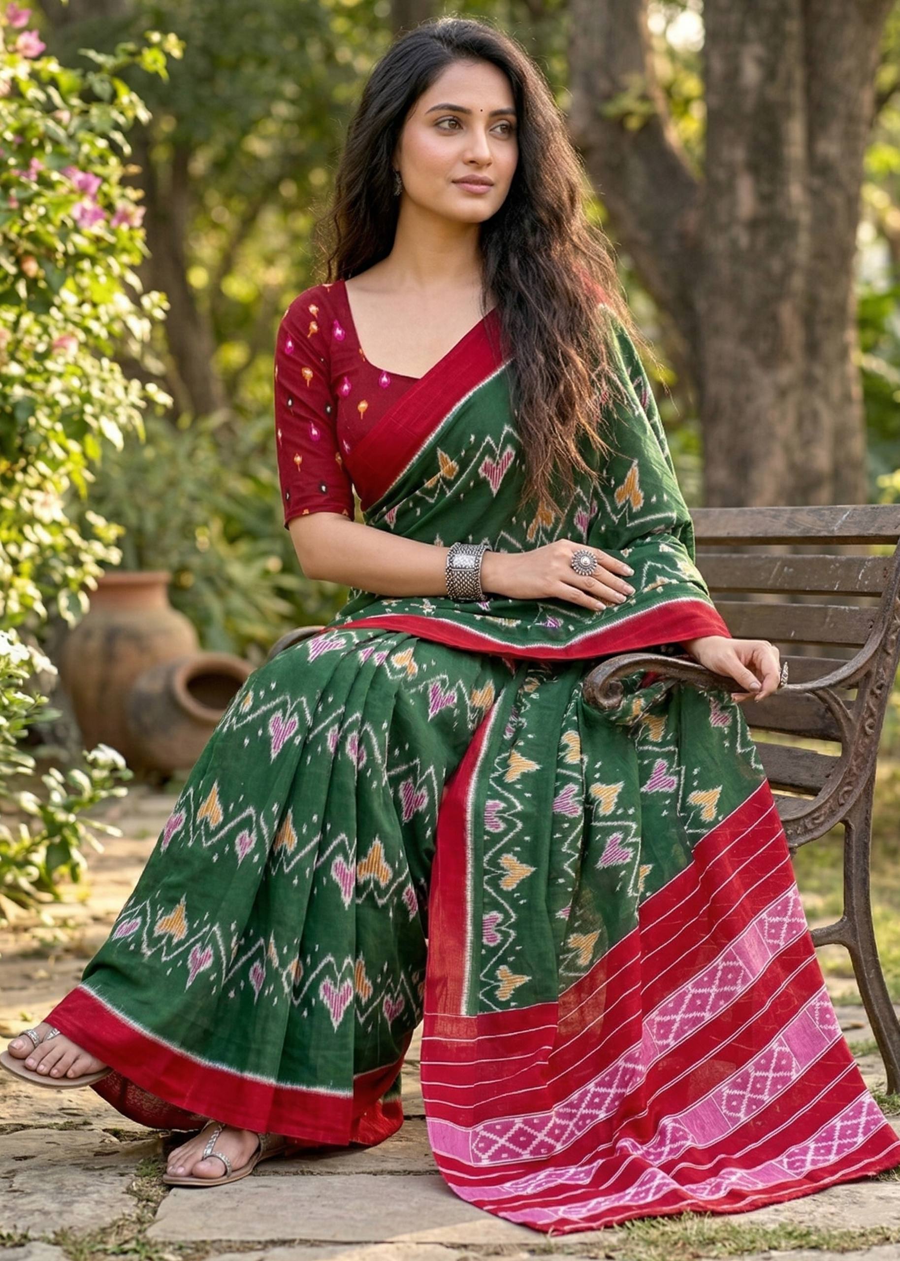IKKAT PRINT MULMUL COTTON GREEN SAREE WITH BLOUSE