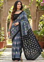 IKKAT PRINT MULMUL COTTON GREY SAREE WITH BLOUSE
