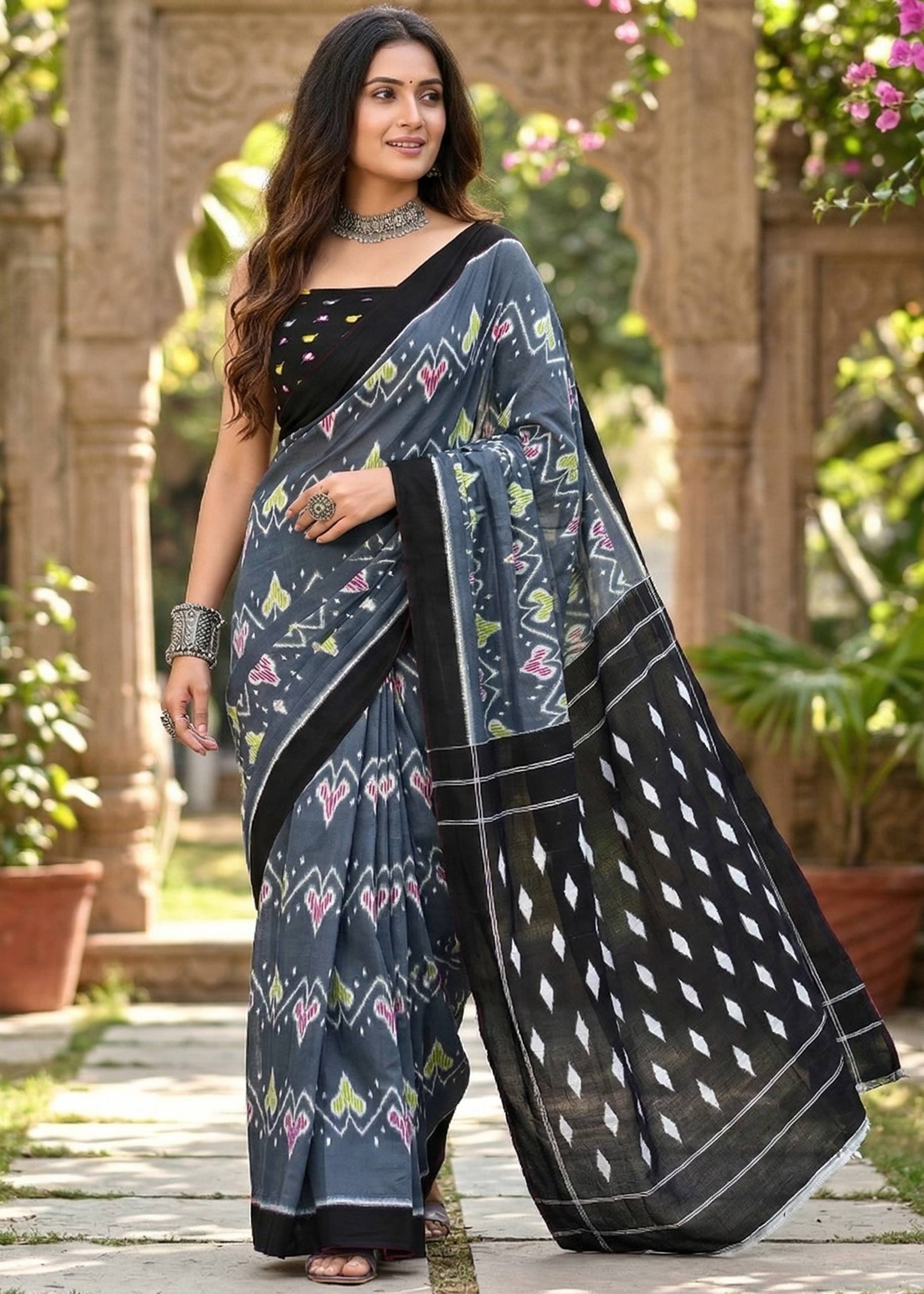 IKKAT PRINT MULMUL COTTON GREY SAREE WITH BLOUSE