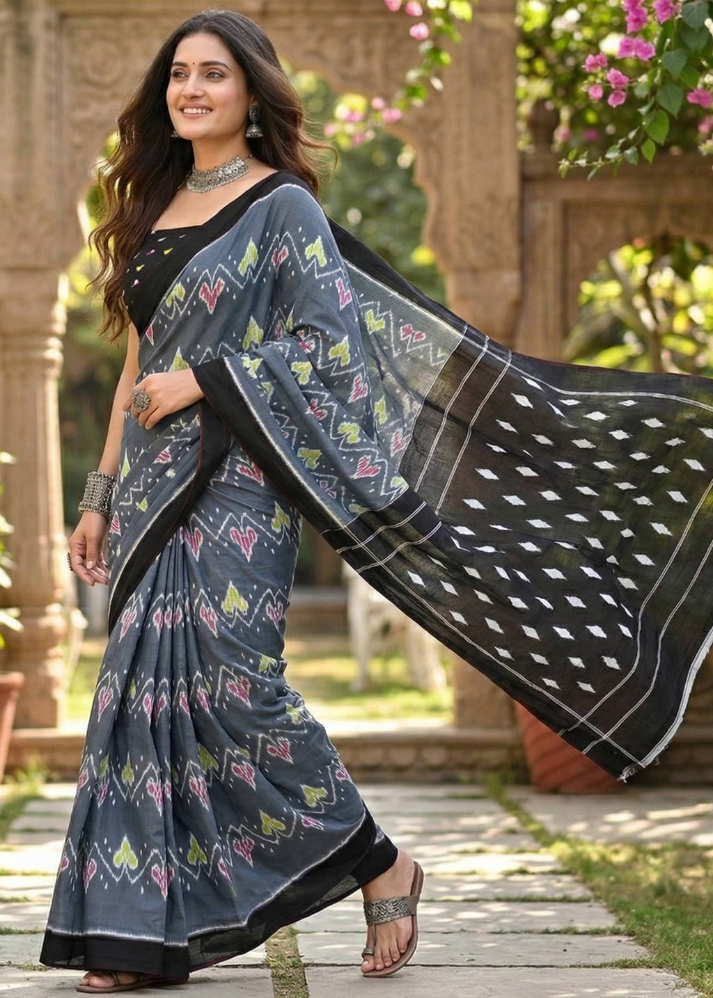 IKKAT PRINT MULMUL COTTON GREY SAREE WITH BLOUSE