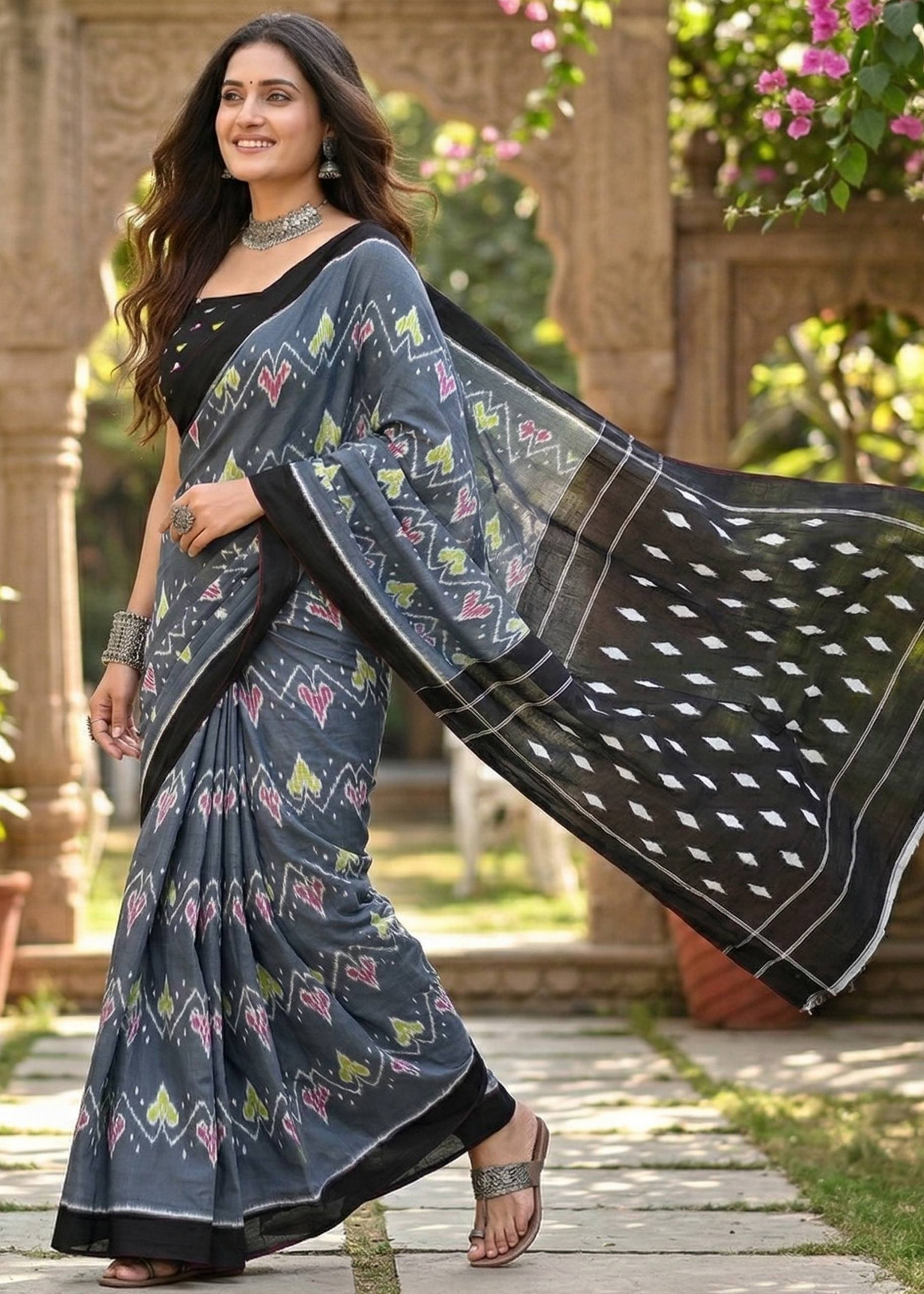 IKKAT PRINT MULMUL COTTON GREY SAREE WITH BLOUSE