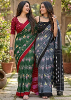 IKKAT PRINT MULMUL COTTON GREEN SAREE WITH BLOUSE
