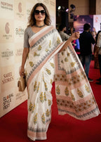 RAJESHTANI PURE MULMUL COTTON HAND BLOCK PRINTED WHITE SAREE WITH BLOUSE