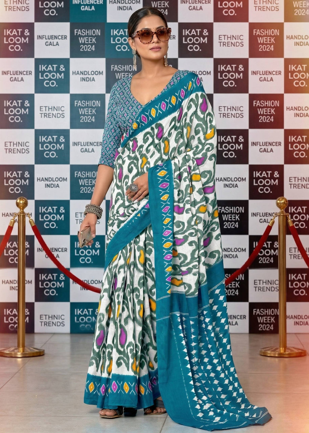 PURE MULMUL COTTON IKKAT PRINT BLUE SAREE WITH BLOUSE