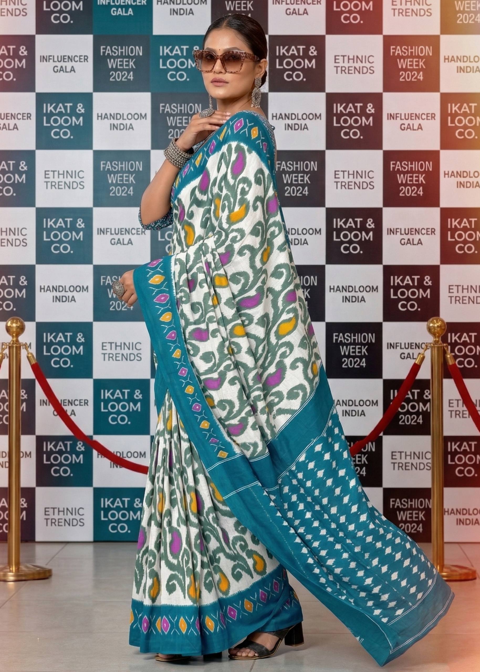 PURE MULMUL COTTON IKKAT PRINT BLUE SAREE WITH BLOUSE