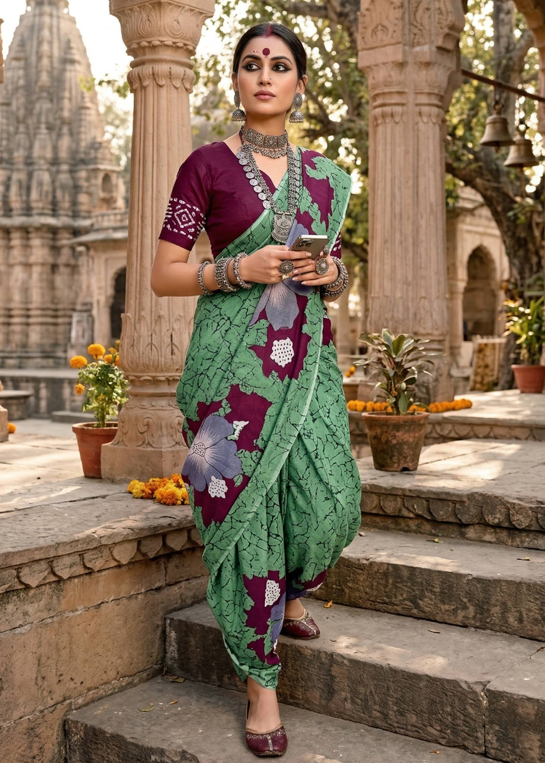 SOFT MULMUL COTTON GREEN SAREE WITH BLOUSE
