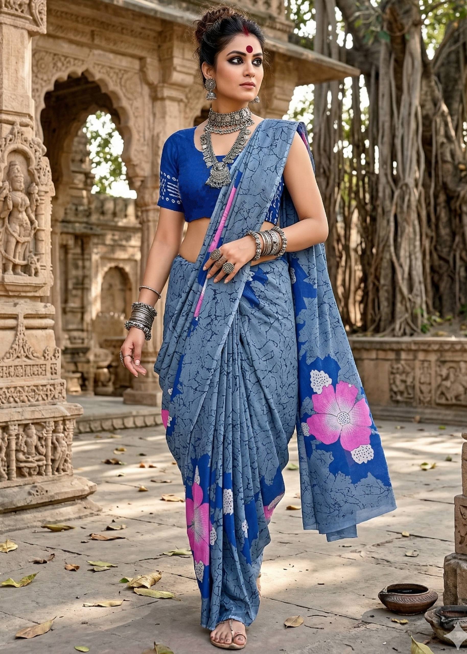 SOFT MULMUL COTTON BLUE SAREE WITH BLOUSE