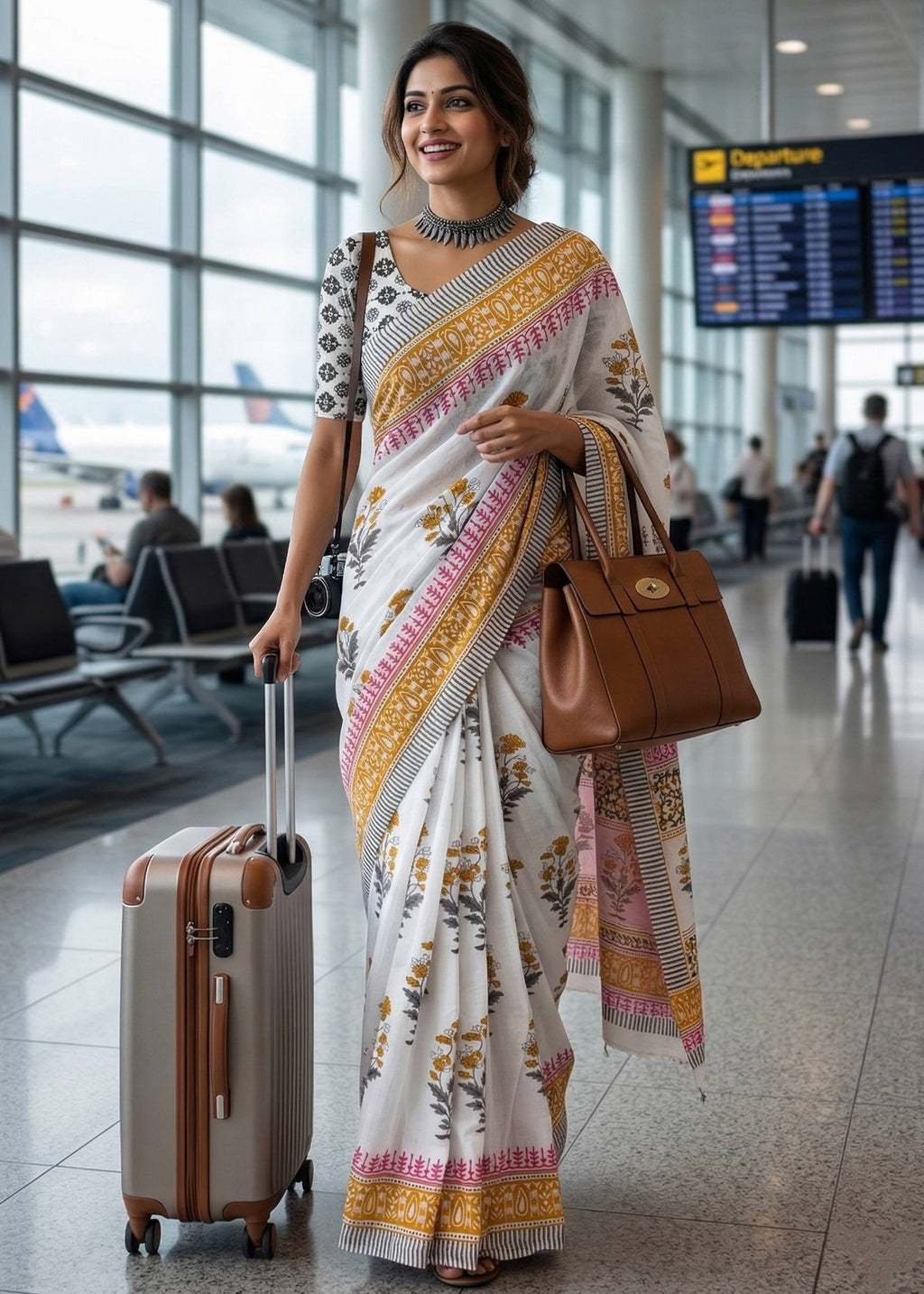 PURE MULMUL COTTON SANGANERI HAND BLOCK PRINTED WHITE SAREE BLOUSE