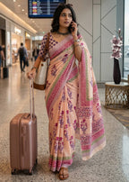 PURE MULMUL COTTON SANGANERI HAND BLOCK PRINTED PINK SAREE BLOUSE