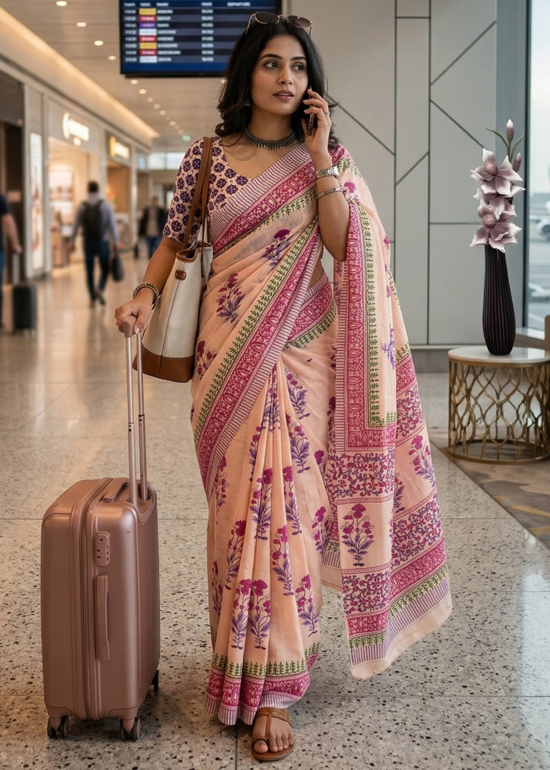 PURE MULMUL COTTON SANGANERI HAND BLOCK PRINTED PINK SAREE BLOUSE