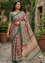 PURE MULMUL COTTON AJRAKH HAND BLOCK PRINT MAROON SAREE WITH BLOUSE