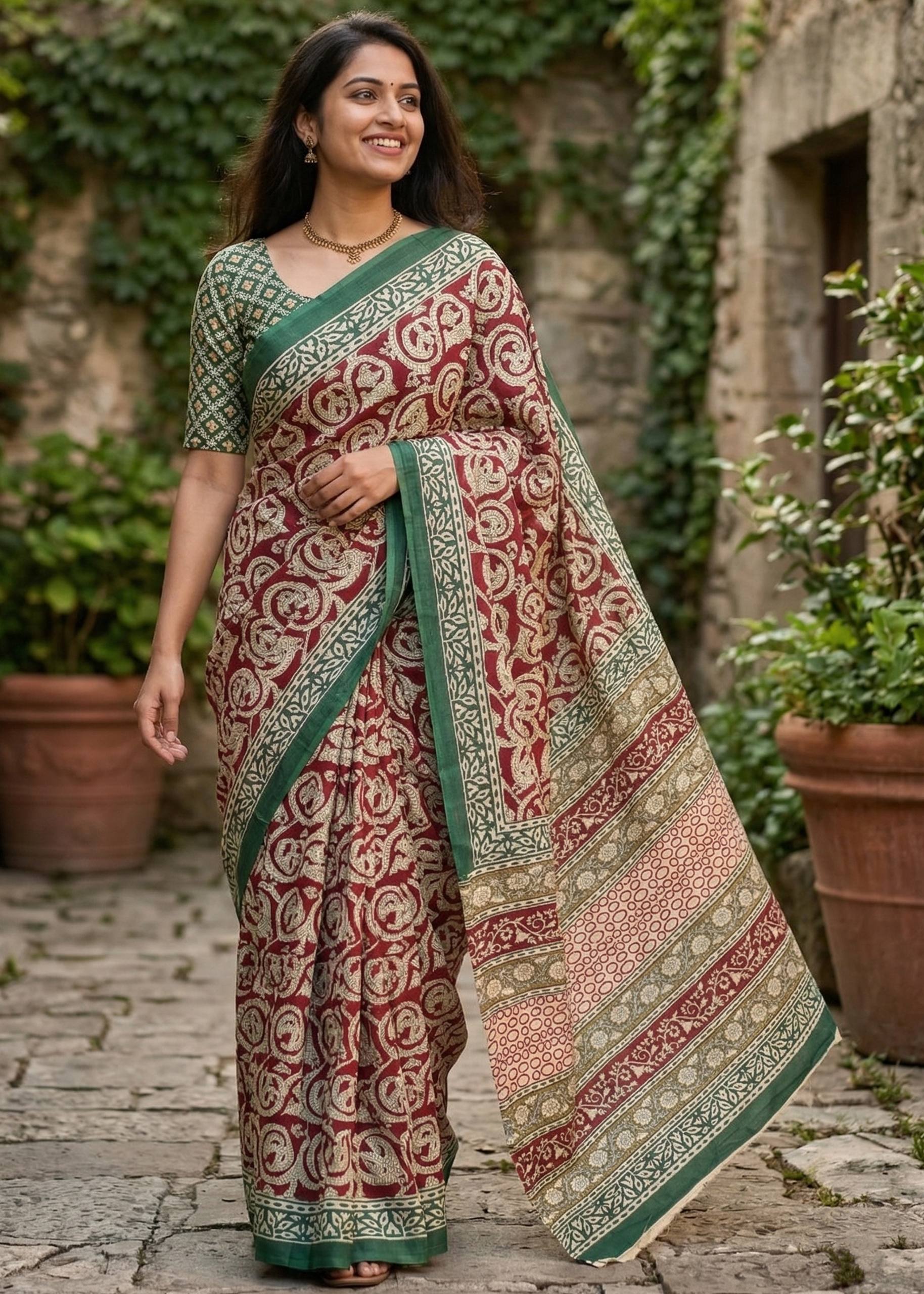 PURE MULMUL COTTON AJRAKH HAND BLOCK PRINT MAROON SAREE WITH BLOUSE