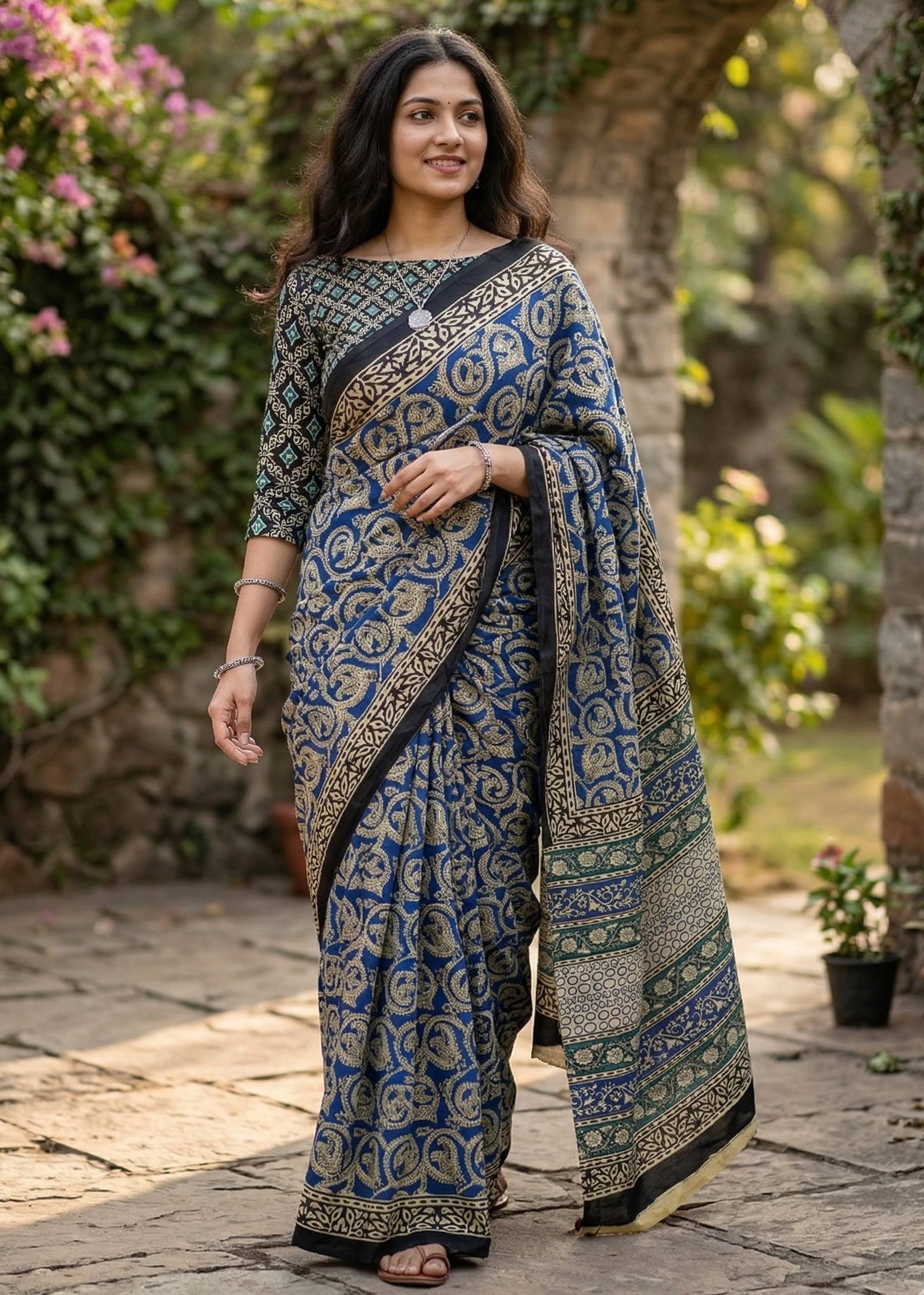 PURE MULMUL COTTON AJRAKH HAND BLOCK PRINT BLUE SAREE WITH BLOUSE