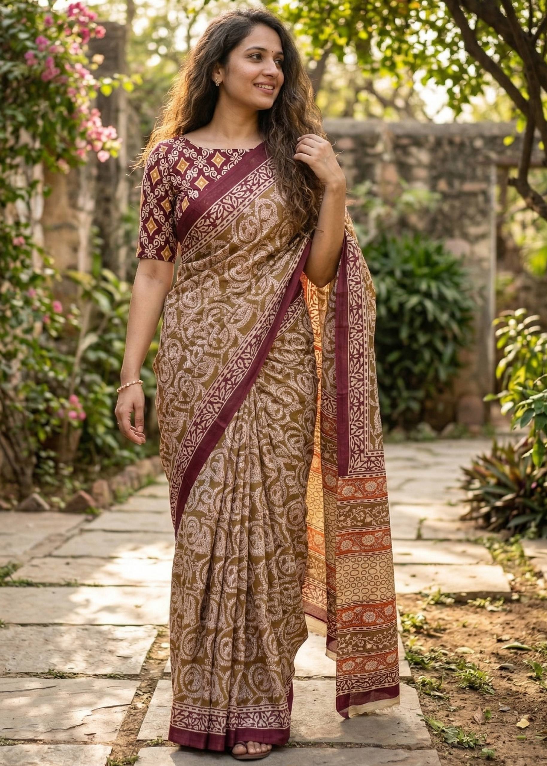 PURE MULMUL COTTON AJRAKH HAND BLOCK PRINT MEHANDICOLOR SAREE WITH BLOUSE