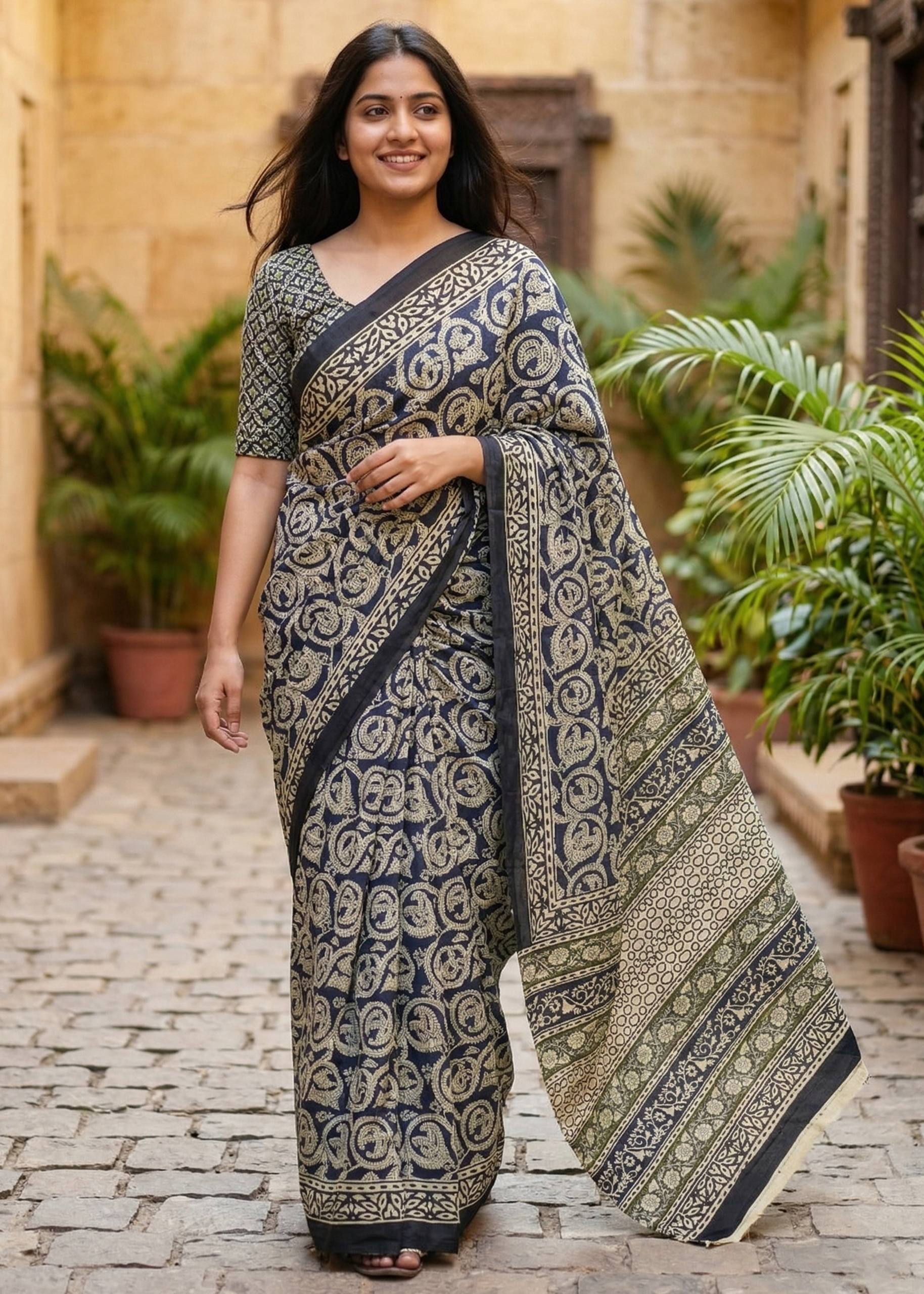 PURE MULMUL COTTON AJRAKH HAND BLOCK PRINT SKY BLUE SAREE WITH BLOUSE
