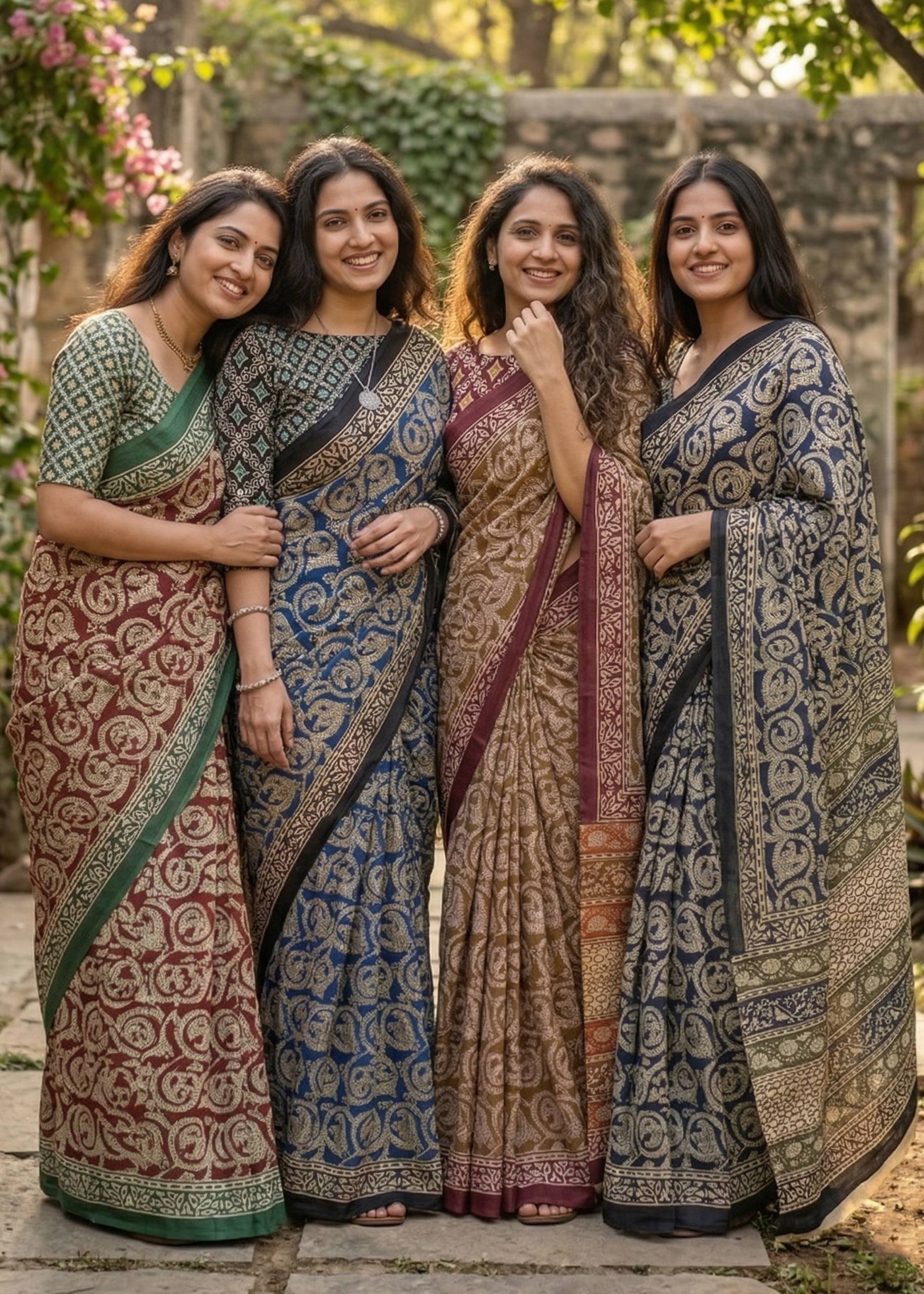 PURE MULMUL COTTON AJRAKH HAND BLOCK PRINT MEHANDICOLOR SAREE WITH BLOUSE