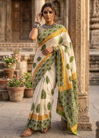 PURE MULMUL COTTON RAJWADI HAND BLOCK PRINTED GREEN SAREE WITH BLOUSE