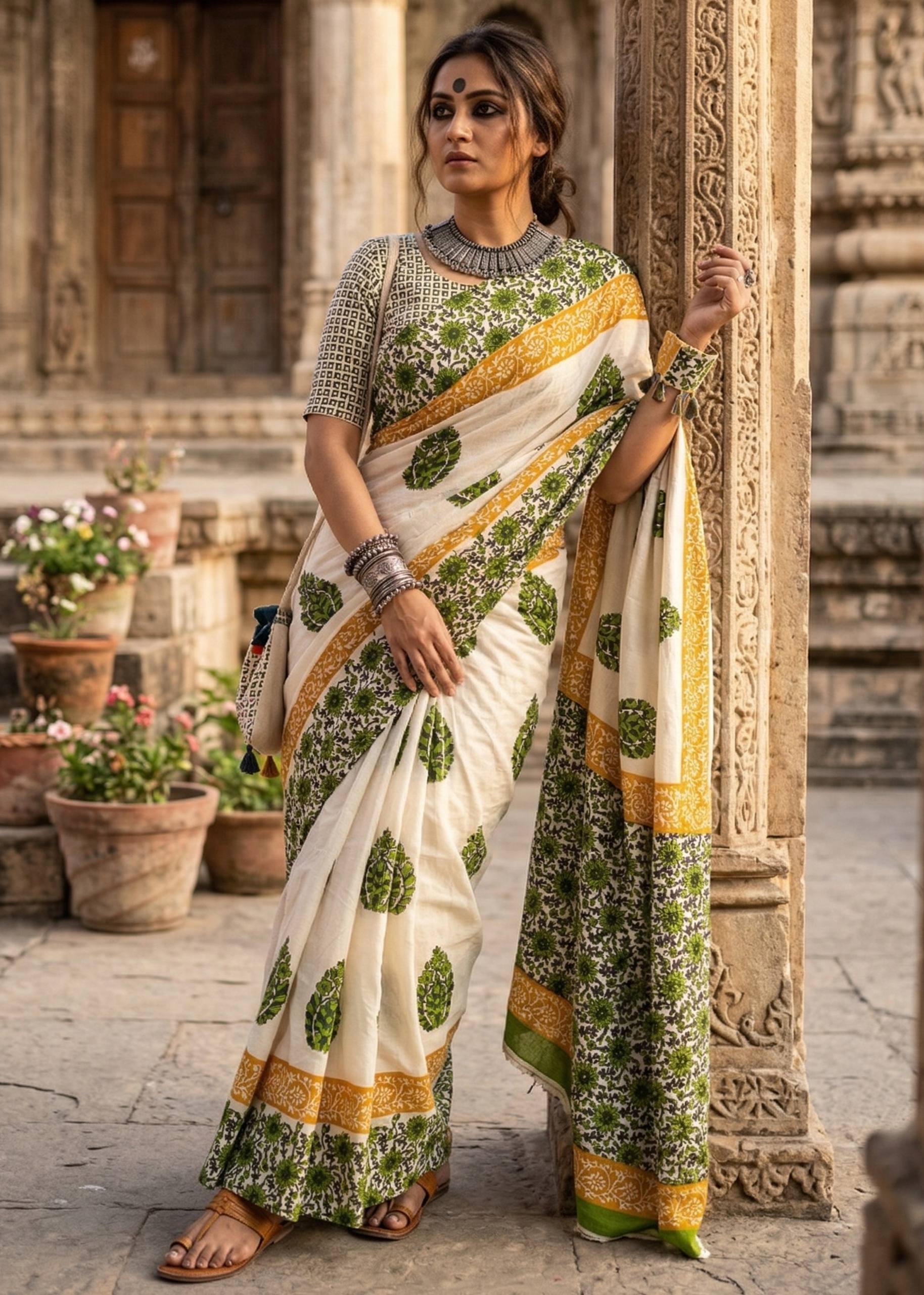 PURE MULMUL COTTON RAJWADI HAND BLOCK PRINTED GREEN SAREE WITH BLOUSE