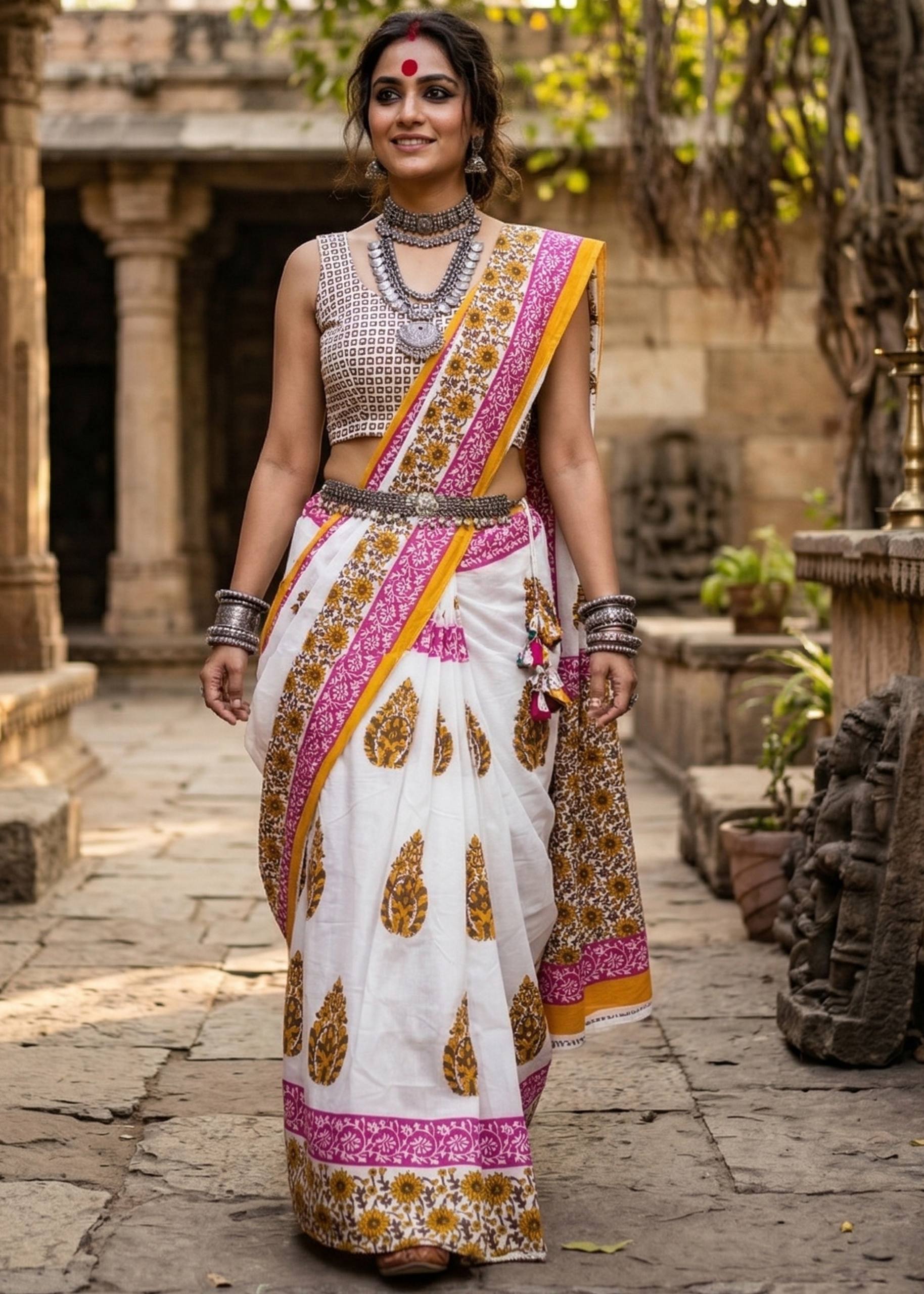 PURE MULMUL COTTON RAJWADI HAND BLOCK PRINTED PINK SAREE WITH BLOUSE