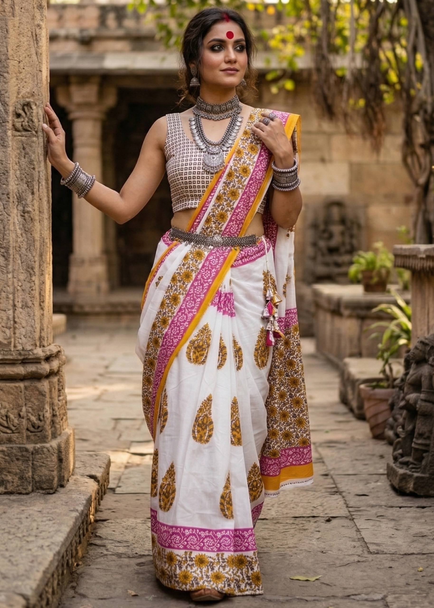 PURE MULMUL COTTON RAJWADI HAND BLOCK PRINTED PINK SAREE WITH BLOUSE
