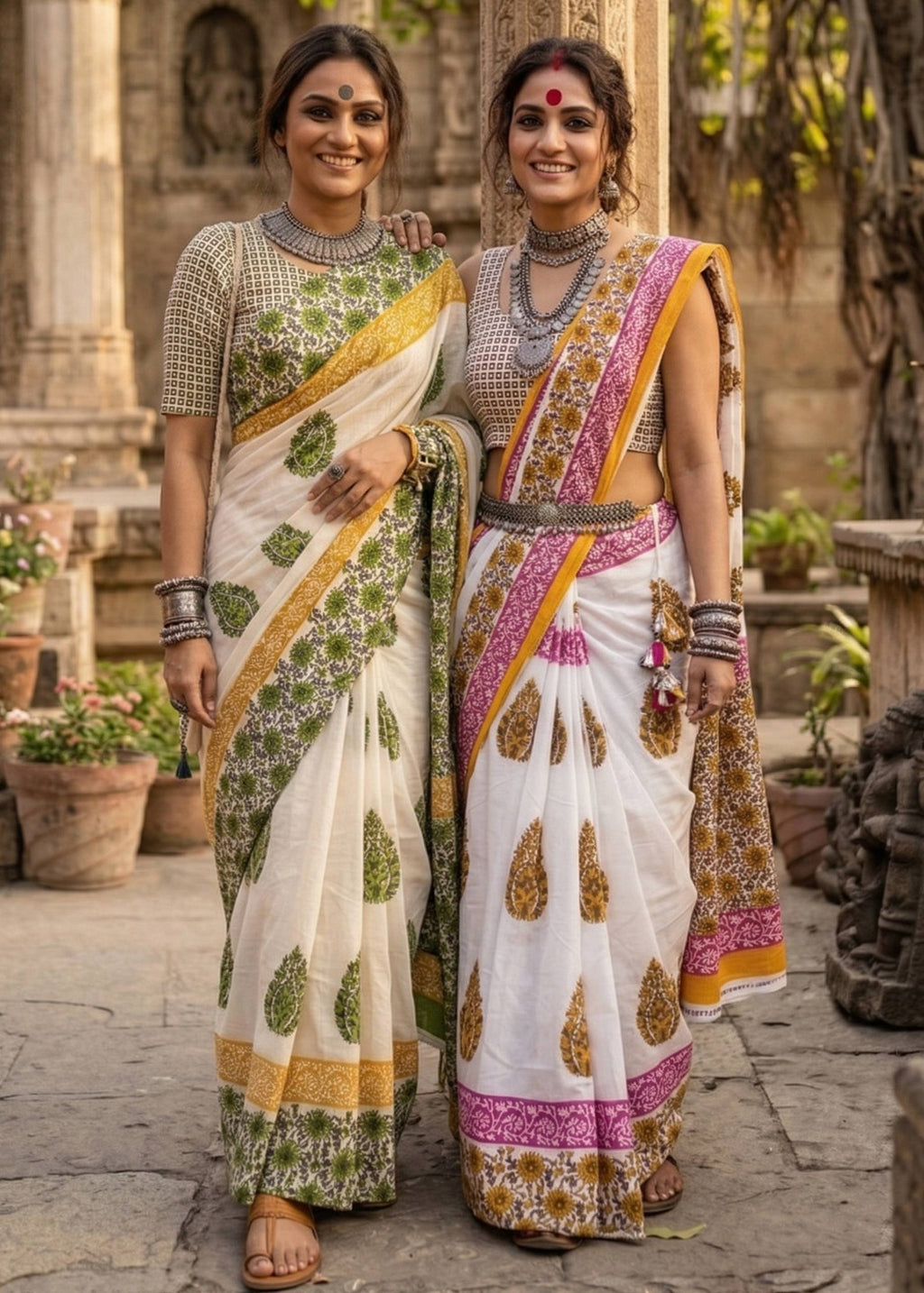 PURE MULMUL COTTON RAJWADI HAND BLOCK PRINTED GREEN SAREE WITH BLOUSE