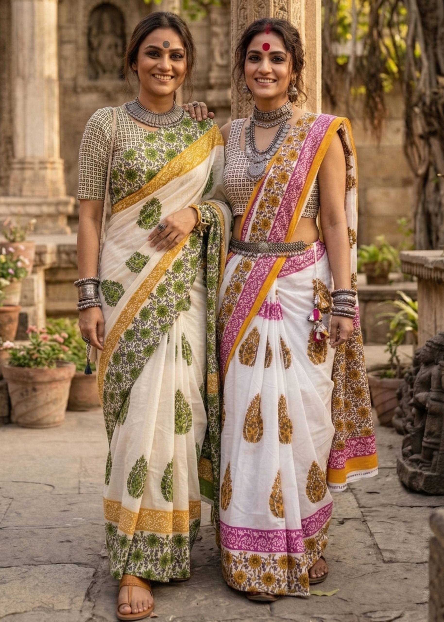 PURE MULMUL COTTON RAJWADI HAND BLOCK PRINTED PINK SAREE WITH BLOUSE