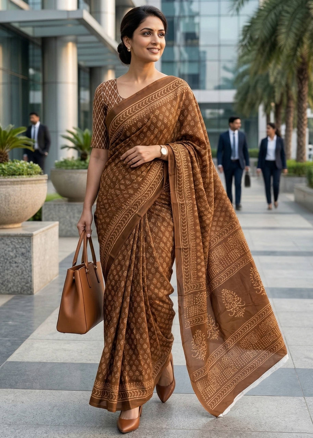 PURE MULMUL COTTON BAGH PRINTED BROWN SAREE WITH BLOUSE