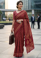 PURE MULMUL COTTON BAGH PRINTED MAROON SAREE WITH BLOUSE