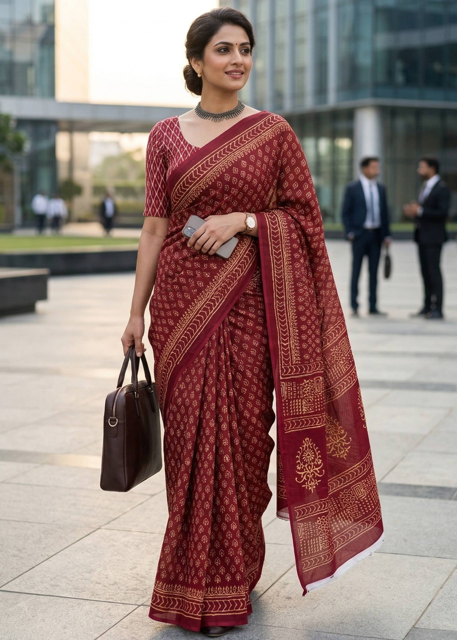 PURE MULMUL COTTON BAGH PRINTED MAROON SAREE WITH BLOUSE
