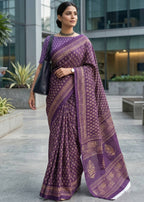PURE MULMUL COTTON BAGH PRINTED PURPLE SAREE WITH BLOUSE