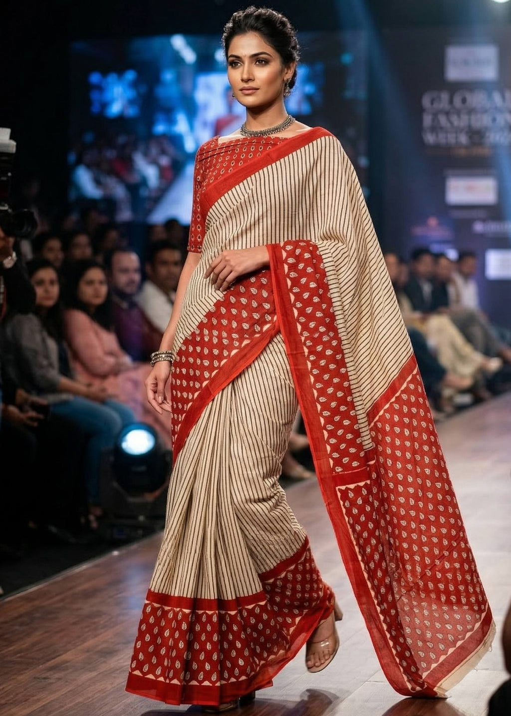 PURE MULMUL COTTON PATTI DESIGN WITH GEOMETRIC BOOTI PRINTED RED SAREE WITH BLOUSE