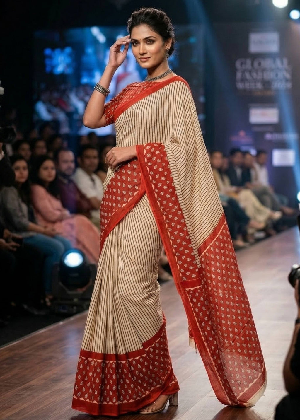 PURE MULMUL COTTON PATTI DESIGN WITH GEOMETRIC BOOTI PRINTED RED SAREE WITH BLOUSE