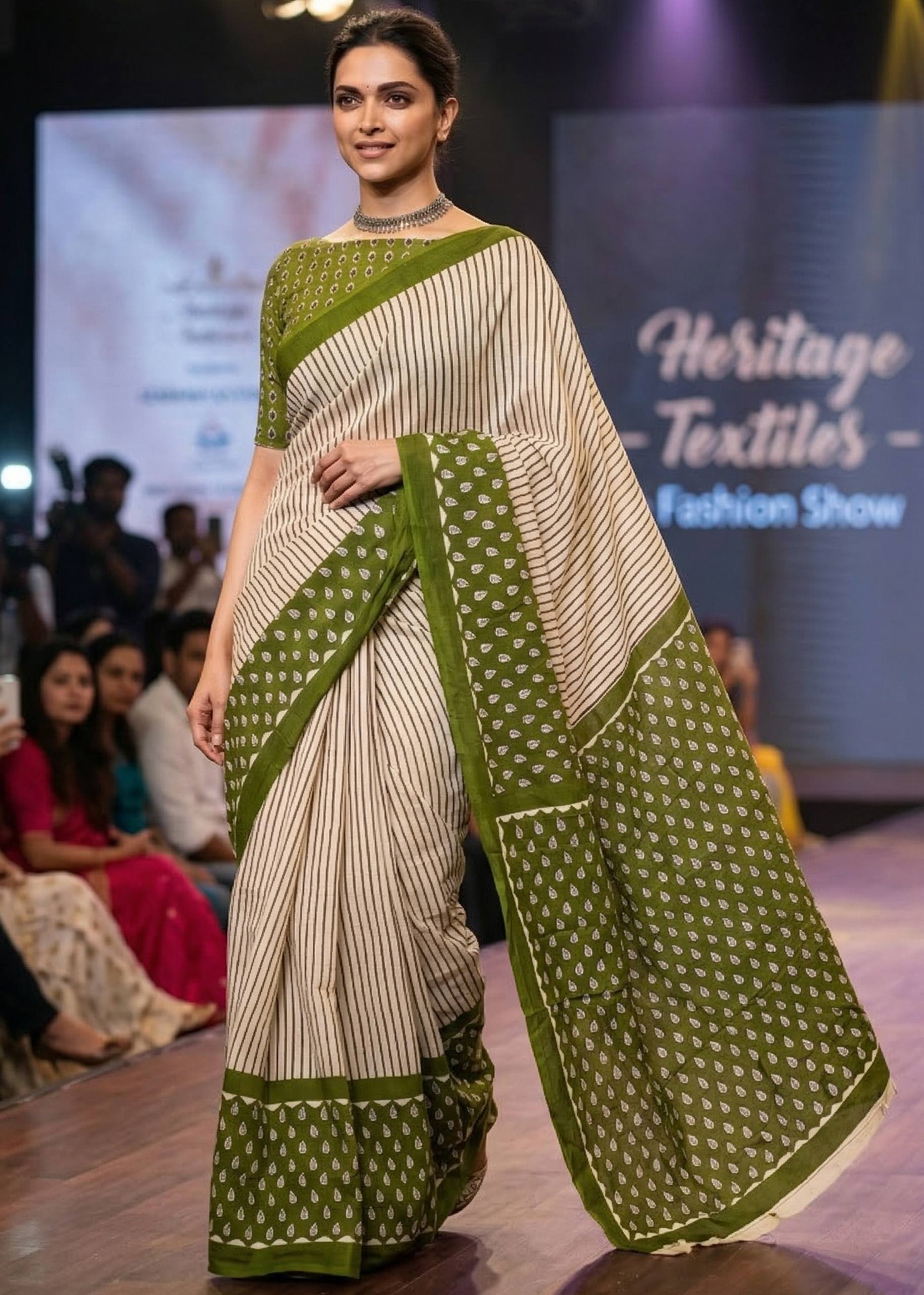 PURE MULMUL COTTON PATTI DESIGN WITH GEOMETRIC BOOTI PRINTED GREEN SAREE WITH BLOUSE