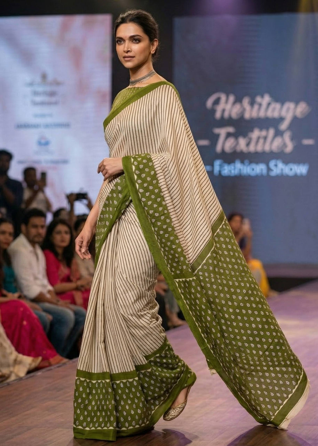 PURE MULMUL COTTON PATTI DESIGN WITH GEOMETRIC BOOTI PRINTED GREEN SAREE WITH BLOUSE