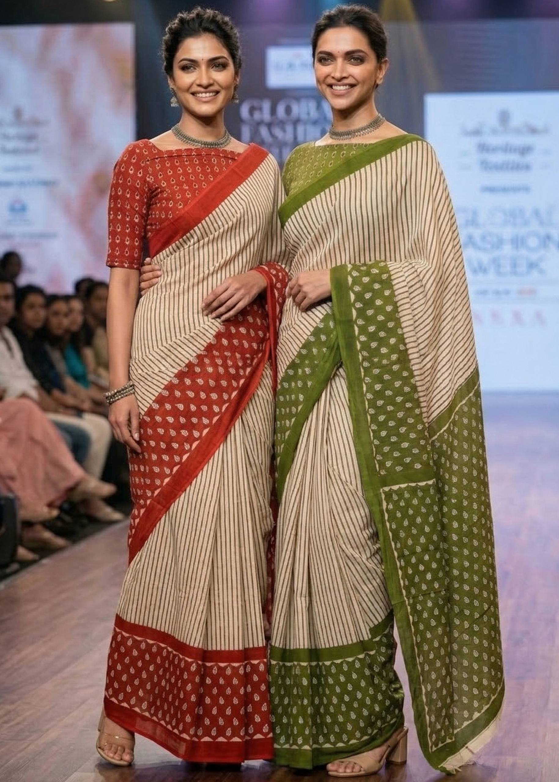 PURE MULMUL COTTON PATTI DESIGN WITH GEOMETRIC BOOTI PRINTED GREEN SAREE WITH BLOUSE