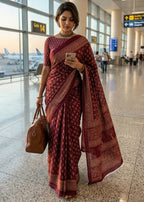 PURE MULMUL COTTON BAGH PRINTED BROWN SAREE WITH BLOUSE