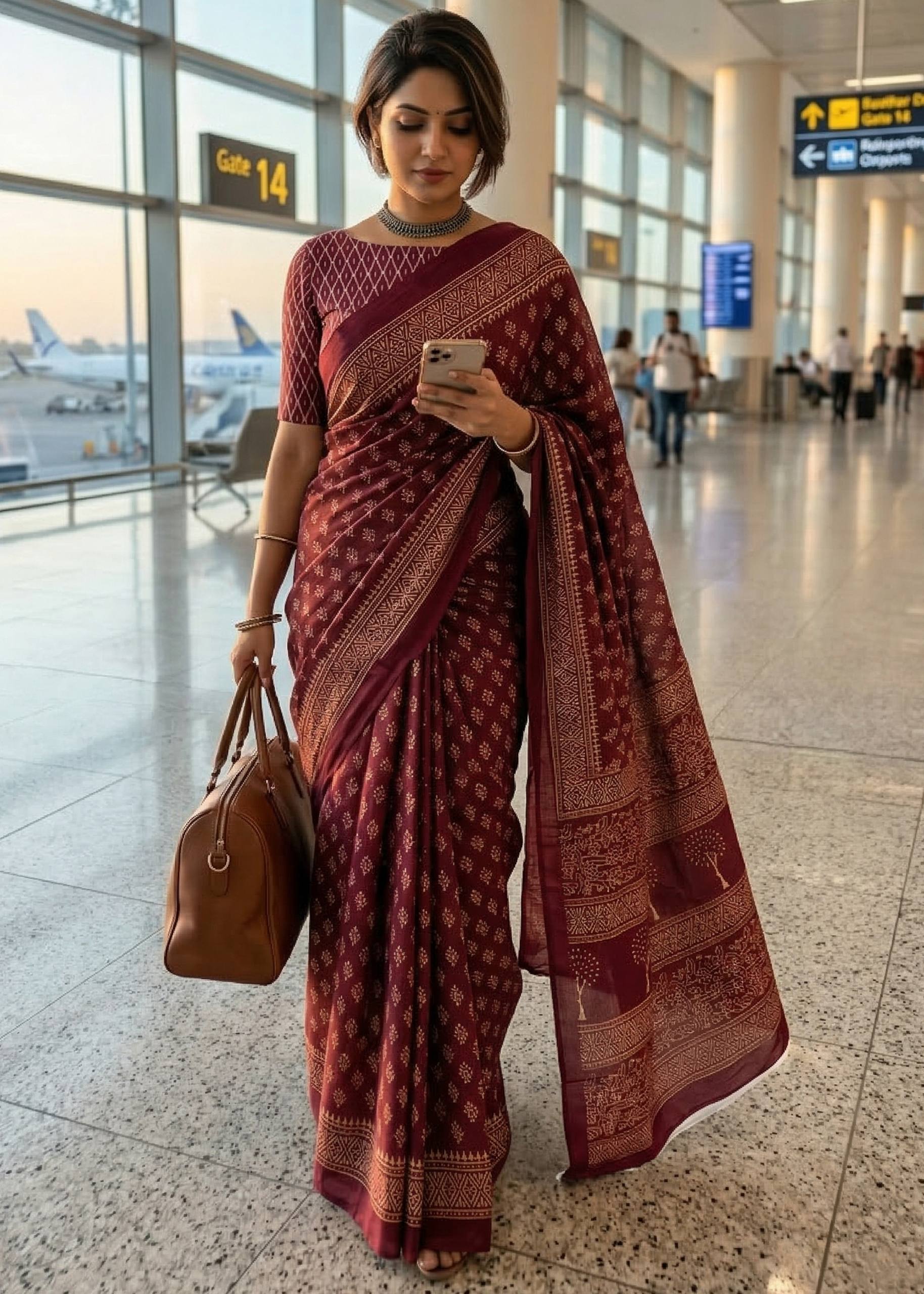 PURE MULMUL COTTON BAGH PRINTED BROWN SAREE WITH BLOUSE