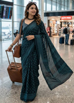 PURE MULMUL COTTON BAGH PRINTED TEAL SAREE WITH BLOUSE