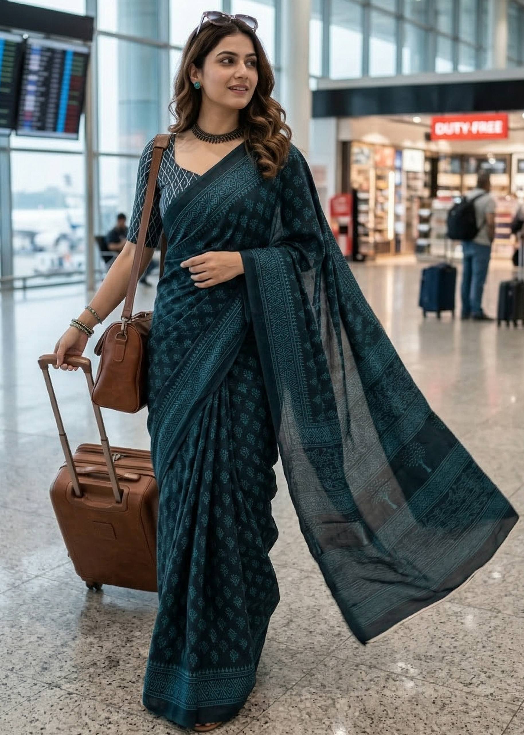 PURE MULMUL COTTON BAGH PRINTED TEAL SAREE WITH BLOUSE