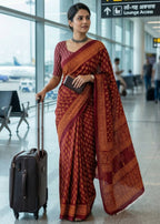 PURE MULMUL COTTON BAGH PRINTED MAROON SAREE WITH BLOUSE