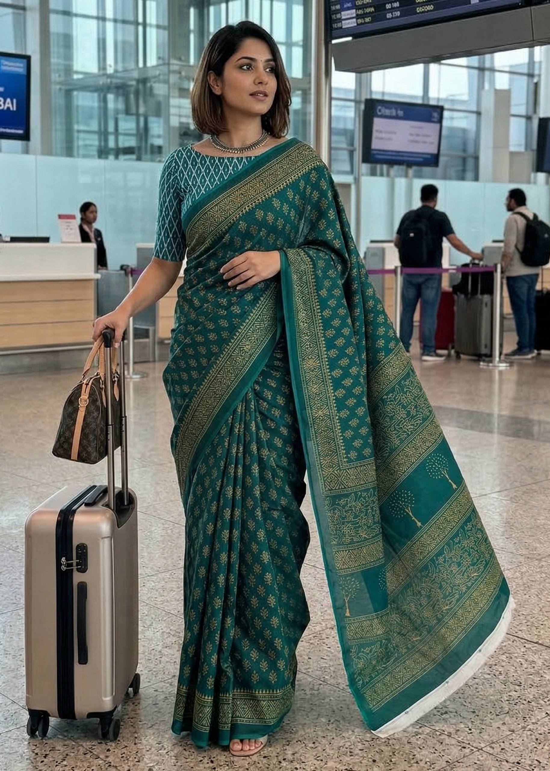 PURE MULMUL COTTON BAGH PRINTED GREEN SAREE WITH BLOUSE
