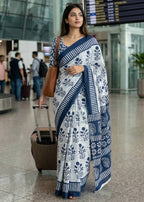 PURE MULMUL COTTON AJRAKH HAND BLOCK PRINT BLUE SAREE WITH BLOUSE