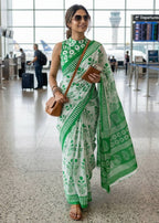 PURE MULMUL COTTON AJRAKH HAND BLOCK PRINT GREEN SAREE WITH BLOUSE