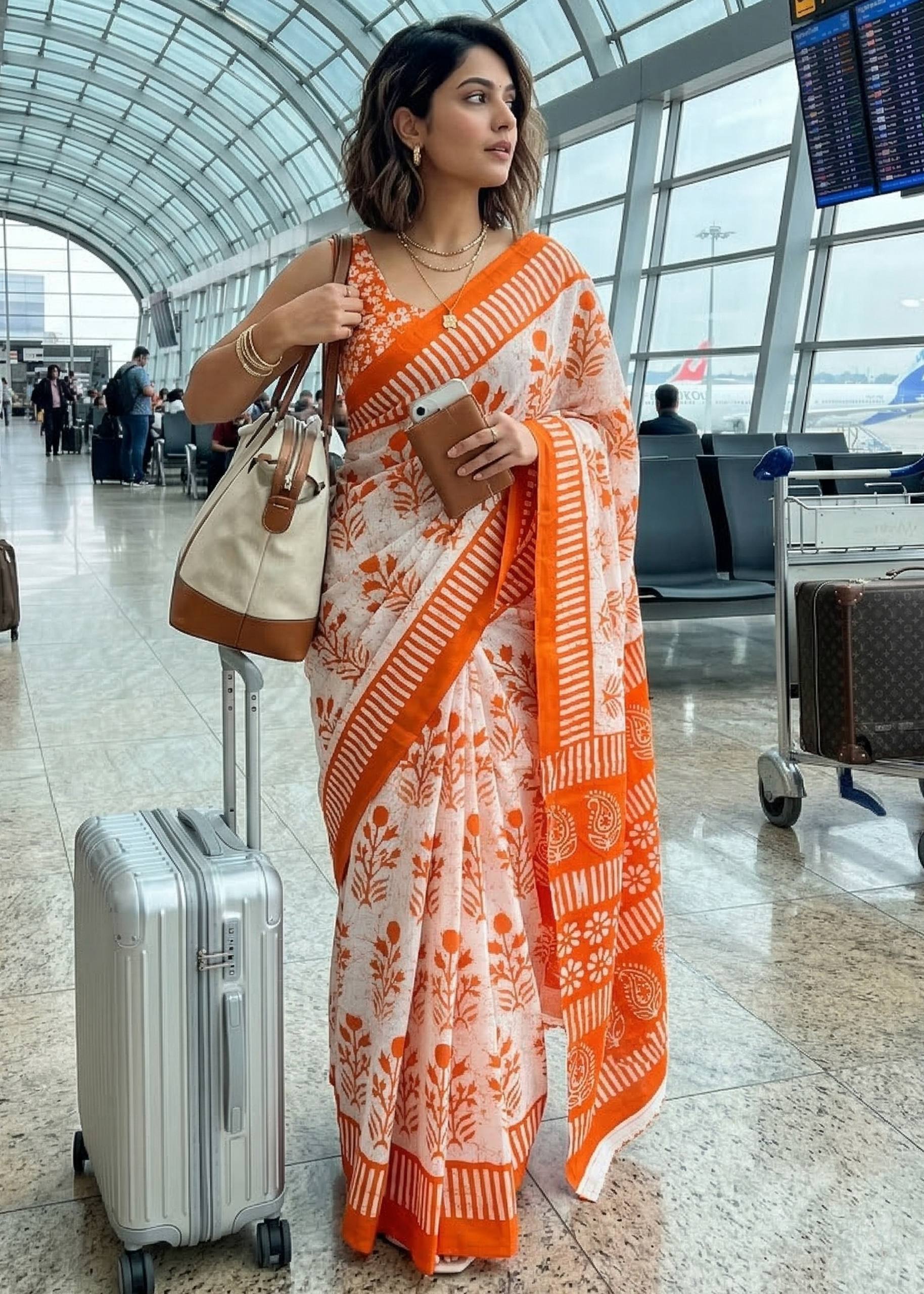 PURE MULMUL COTTON AJRAKH HAND BLOCK PRINT ORANGE SAREE WITH BLOUSE