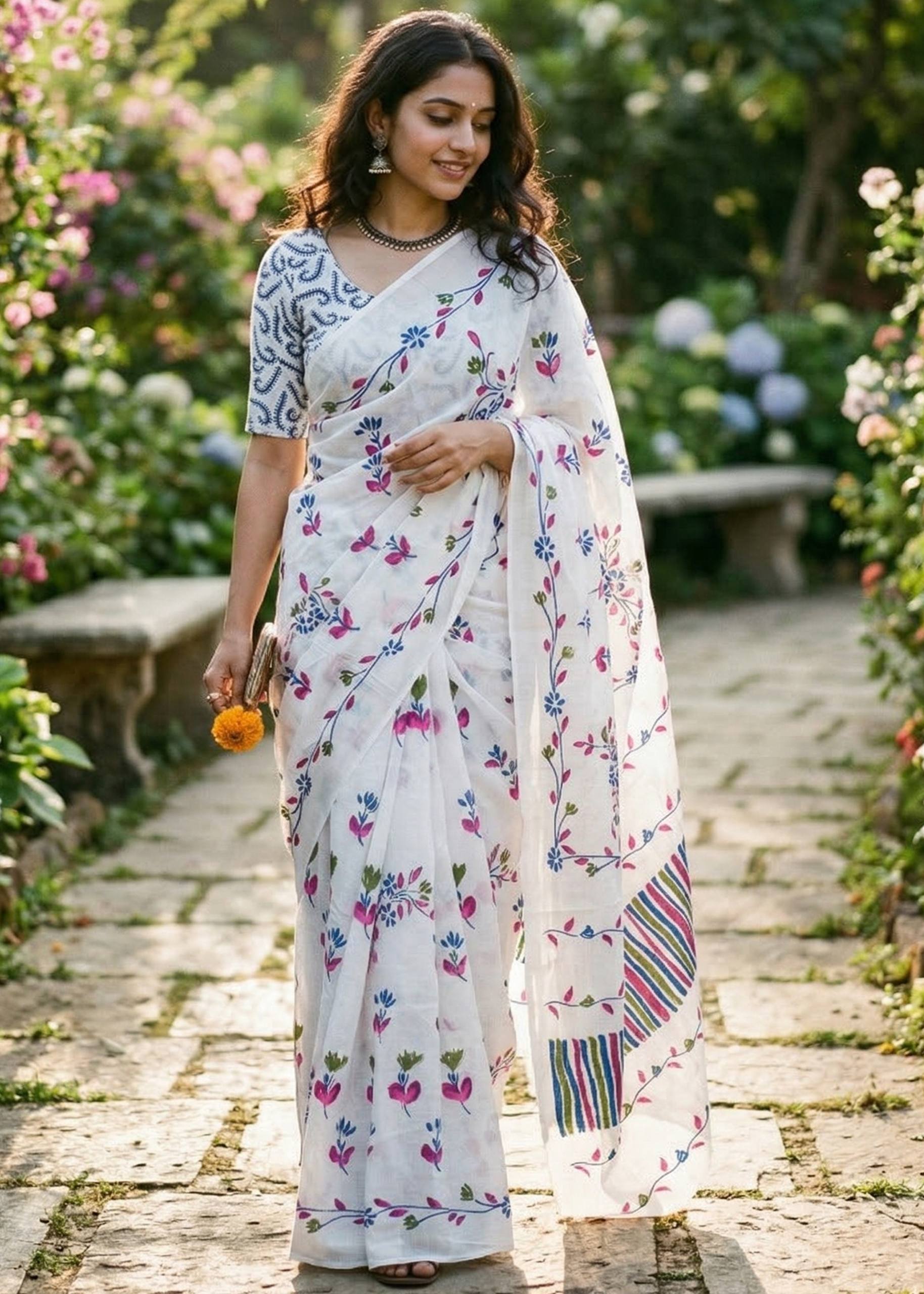 PURE MULMUL COTTON FLORAL TEST BRUSH PRINTED WHITE SAREE WITH BLOUSE