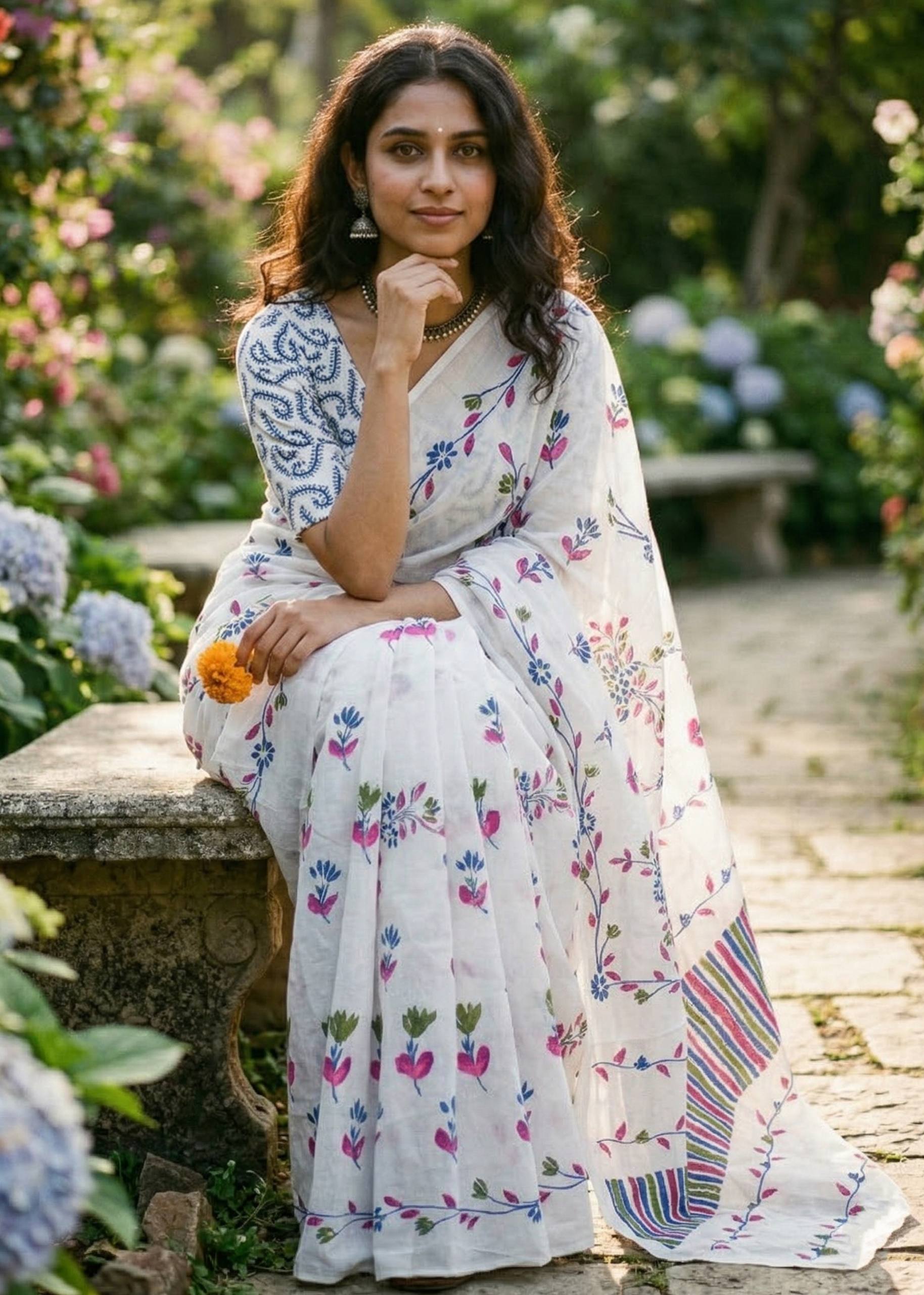 PURE MULMUL COTTON FLORAL TEST BRUSH PRINTED WHITE SAREE WITH BLOUSE