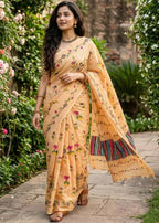 PURE MULMUL COTTON FLORAL TEST BRUSH PRINTED YELLOW SAREE WITH BLOUSE