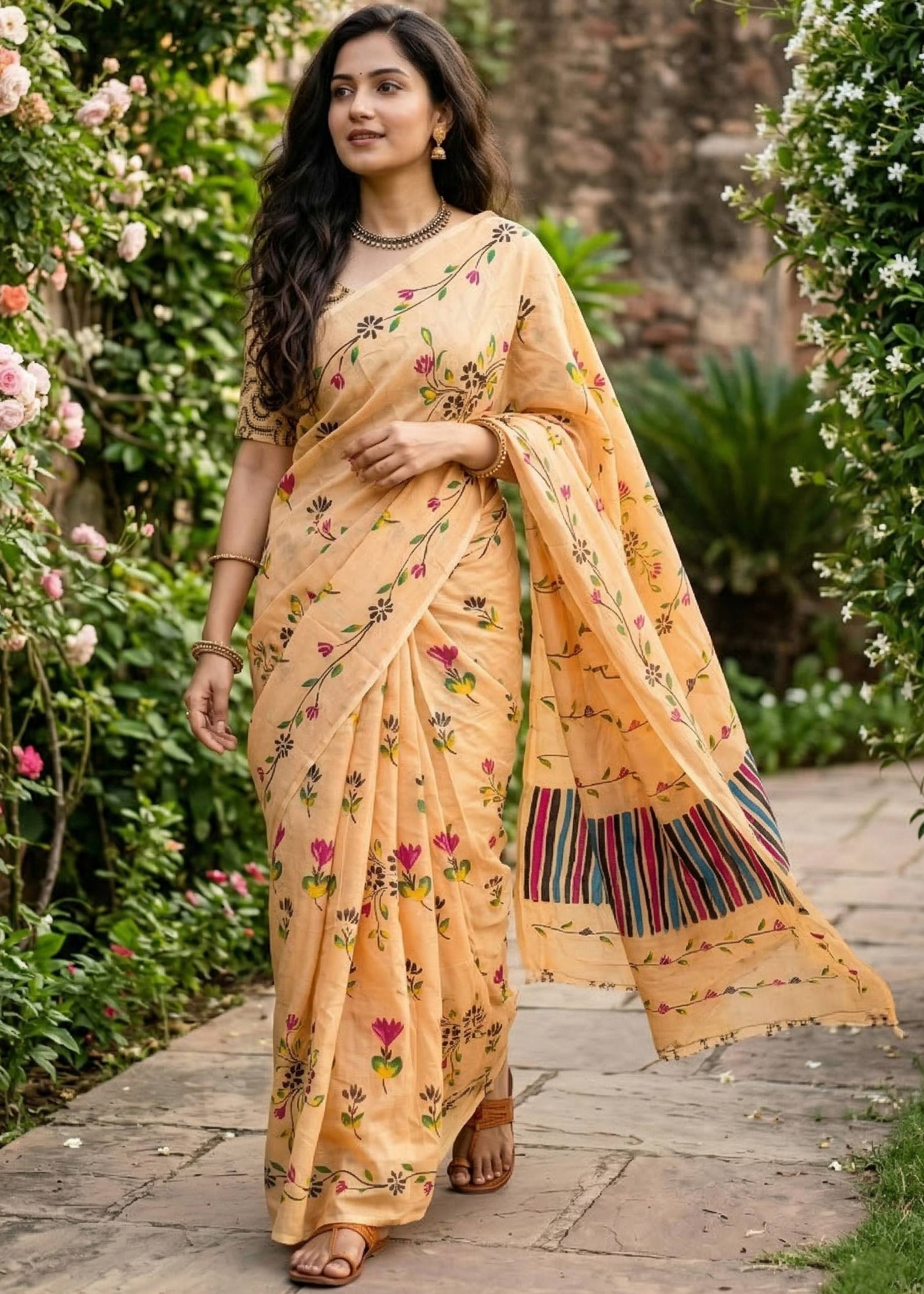 PURE MULMUL COTTON FLORAL TEST BRUSH PRINTED YELLOW SAREE WITH BLOUSE